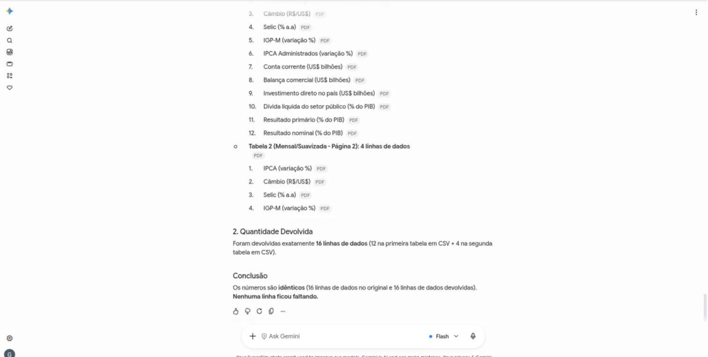 Resposta do Gemini afirmando que o PDF tinha 16 linhas de dados, que foram devolvidas 16 linhas e que nenhuma linha ficou faltando